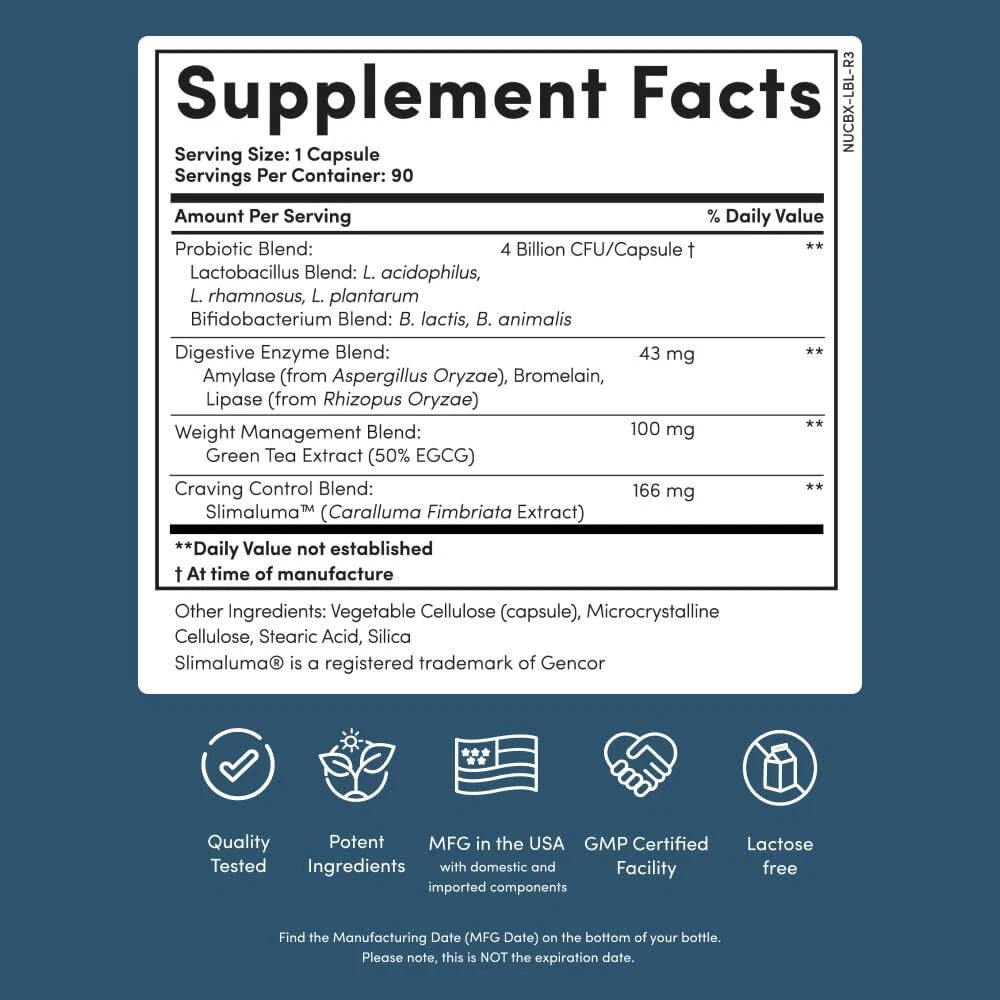 Supplement facts label with detailed ingredient information on a blue background