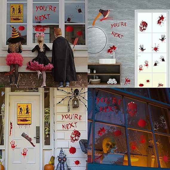 84-Pc Halloween Handprint & Footprint Stickers / Clings / Decals - Bloody Look for Windows, Walls, Floors, Bathroom & Doors