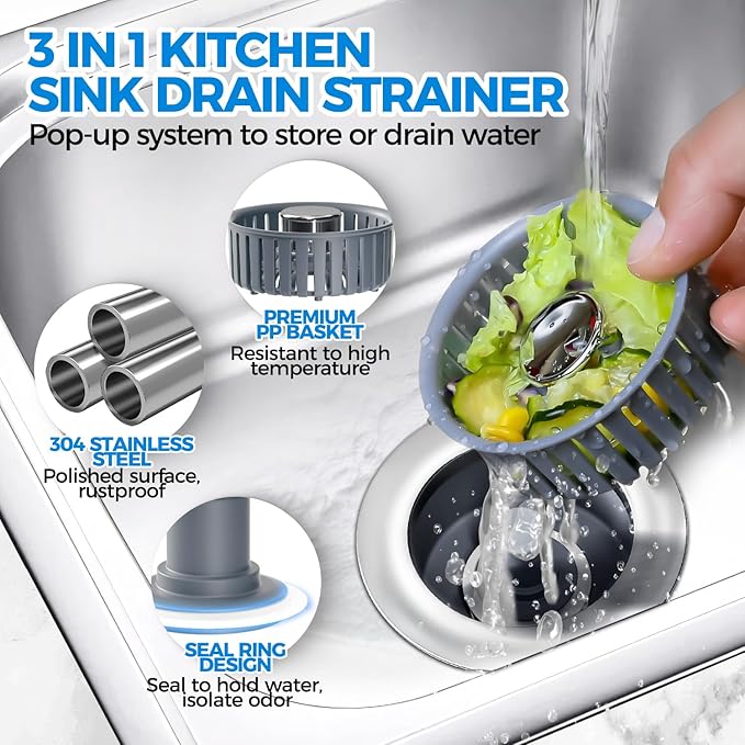 3-in-1 Stainless Steel Kitchen Sink Drain Strainer & Stopper With Anti-Clogging Basket | Fits US Standard 3½-Inch Drain Holes, Pop-Up Stopper & Drain Plug