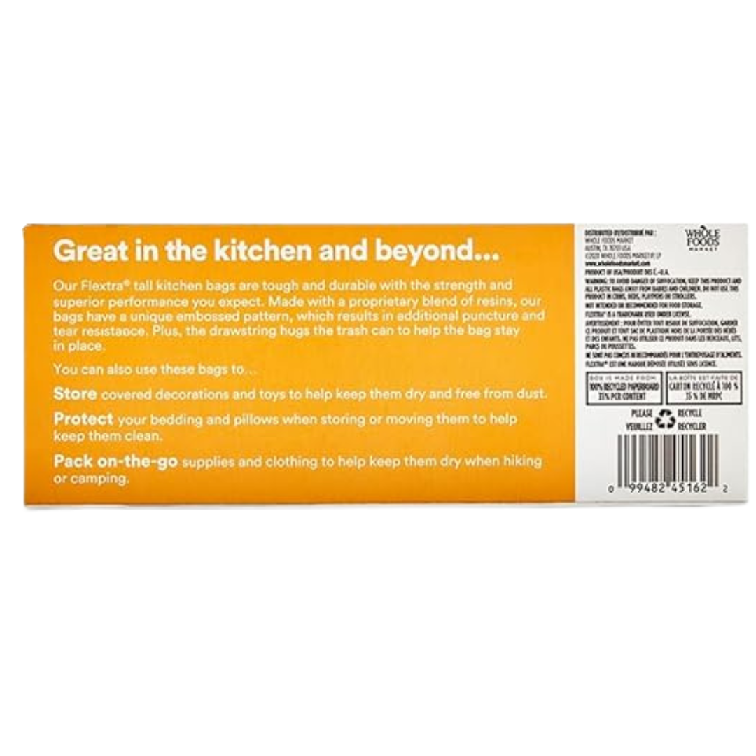 365 by Whole Foods Market Flextra Strength Tall Kitchen Trash Bags – 13 Gallon Drawstring Bags, Durable & Tear-Resistant Garbage Bags, 20 Count