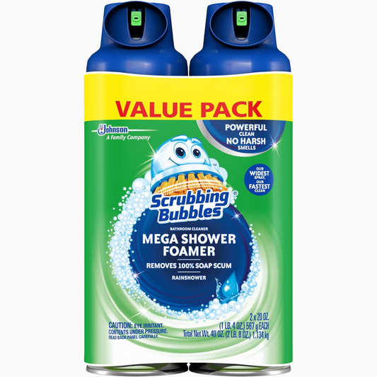 Two cans of Scrubbing Bubbles Mega Shower Foamer on a white background