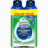 Two cans of Scrubbing Bubbles Mega Shower Foamer on a white background