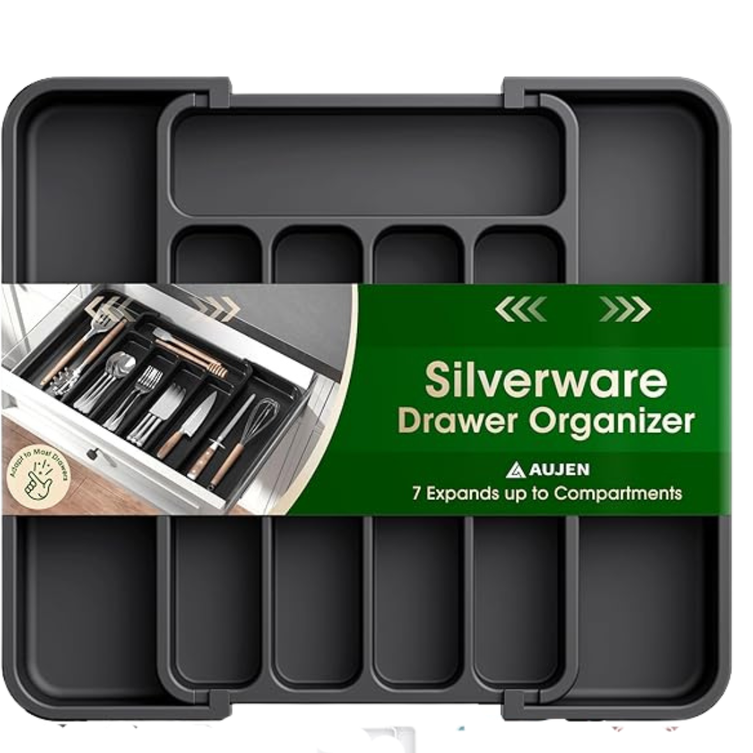 Aujen Silverware Organizer - Expandable Kitchen Drawer Organizer, Adjustable Utensil Organizer, Cutlery Tray for Forks, Knives, Multipurpose Kitchen Organizers and Storage Solution, Black, Medium
