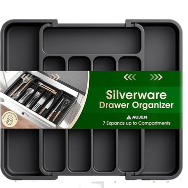 Aujen Silverware Organizer - Expandable Kitchen Drawer Organizer, Adjustable Utensil Organizer, Cutlery Tray for Forks, Knives, Multipurpose Kitchen Organizers and Storage Solution, Black, Medium