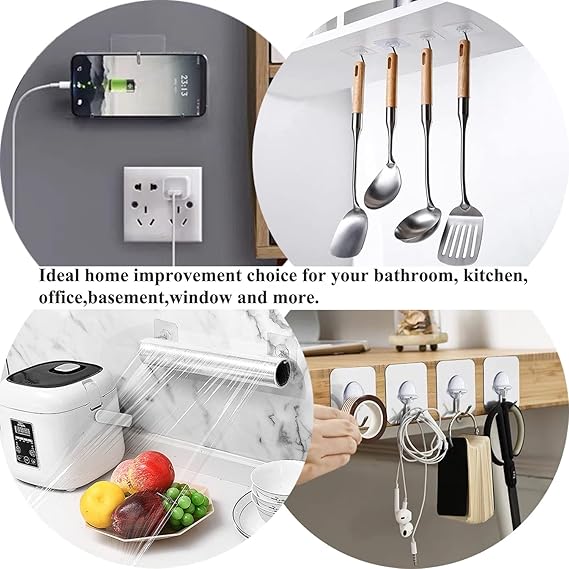 Collage of home improvement products including a phone charger, utensils, rice cooker, and wall hooks.