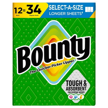 Bounty Select-A-Size 2‑Ply Paper Towels (12 Rolls, 119 Sheets/Roll) – Quicker Picker Upper for Everyday Messes