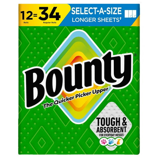 Bounty Select-A-Size 2‑Ply Paper Towels (12 Rolls, 119 Sheets/Roll) – Quicker Picker Upper for Everyday Messes