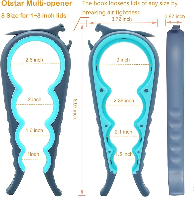 Otstar Jar Opener, Bottle & Can Opener – Multi-Function Lid Remover for Weak Hands, Seniors with Arthritis & Low Strength Users, Easy Grip Design (Blue/Grey)