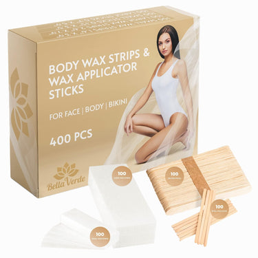 Wooden Wax Applicator Sticks and Non Woven White Wax Strips 400 Count Wooden Waxing Spatulas Large Hair removal For Men Women Brazilian Eyebrow Home Body Waxing Prime