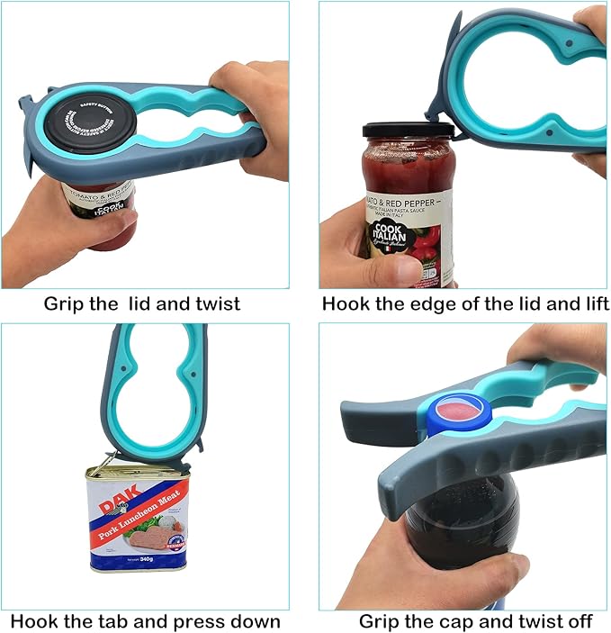 Otstar Jar Opener, Bottle & Can Opener – Multi-Function Lid Remover for Weak Hands, Seniors with Arthritis & Low Strength Users, Easy Grip Design (Blue/Grey)
