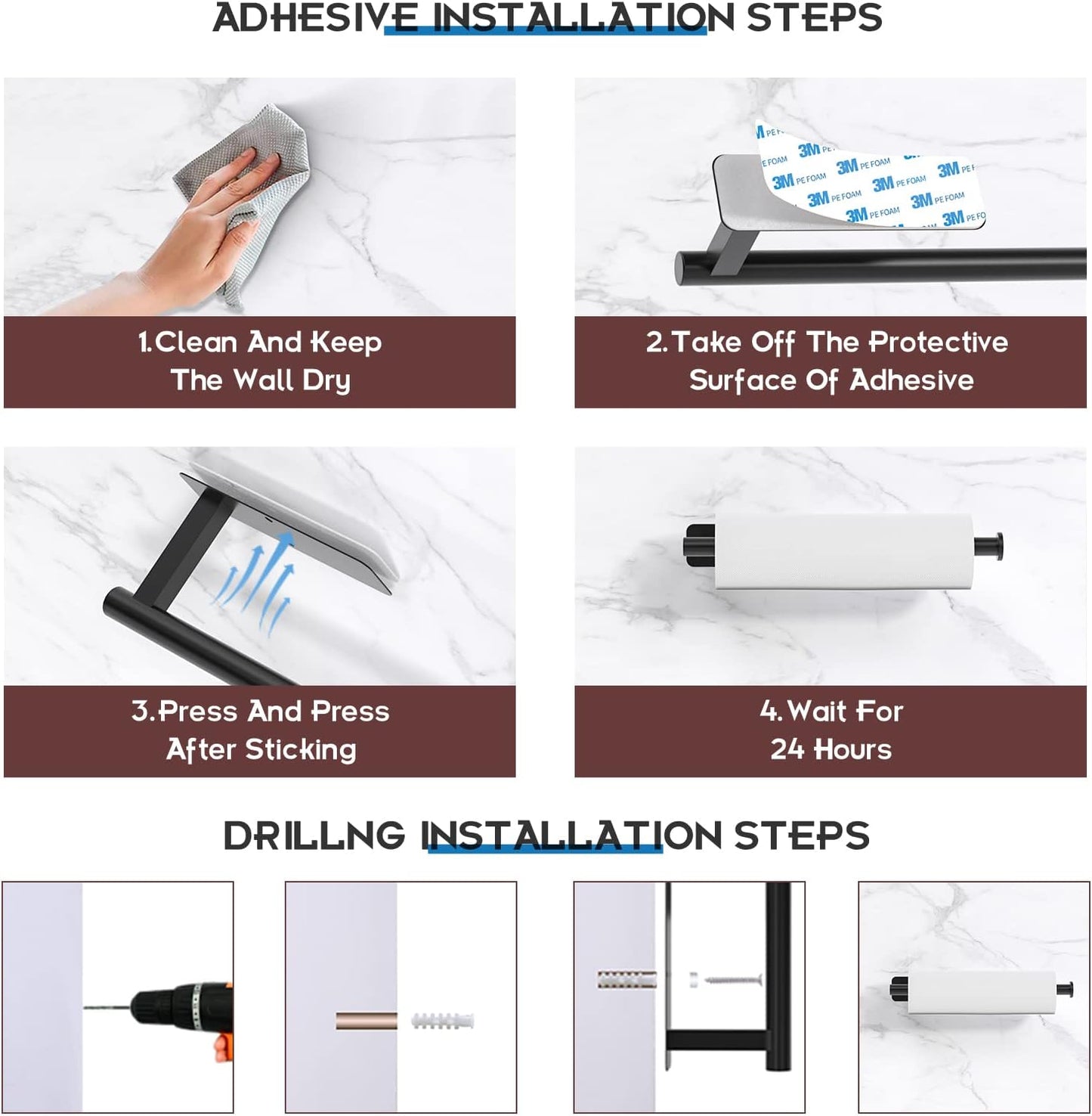 ASTOFLI Paper Towel Holder – 12 Inch Matte Black Self-Adhesive Under Cabinet & Wall Mount Kitchen Towel Rack, 304 Stainless Steel, No Drilling Napkin Holder for RV, Counter & Home Use