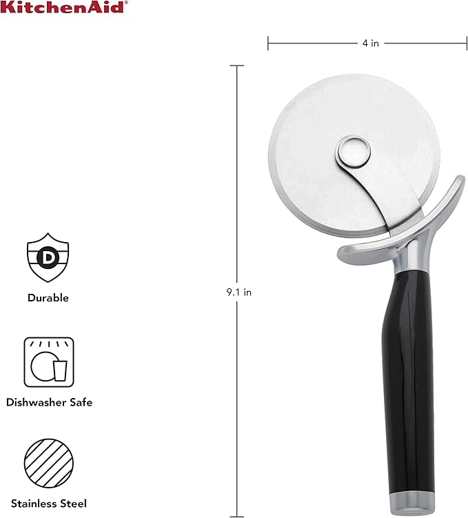 KitchenAid Classic Pizza Wheel – 9-Inch Sharp Stainless Steel Blade with Finger Guard & Comfort Grip Handle, Dishwasher Safe Pizza Cutter for Crusts, Pies & More (Black)