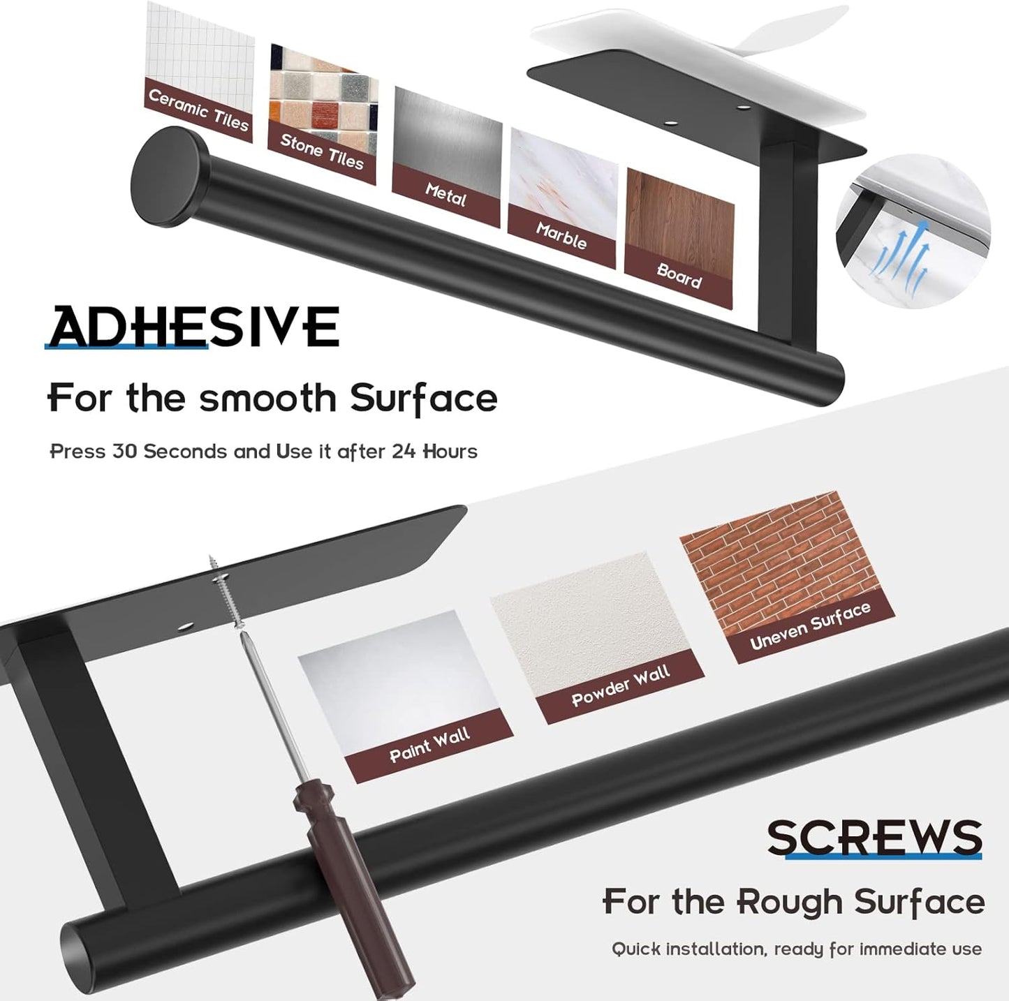 ASTOFLI Paper Towel Holder – 12 Inch Matte Black Self-Adhesive Under Cabinet & Wall Mount Kitchen Towel Rack, 304 Stainless Steel, No Drilling Napkin Holder for RV, Counter & Home Use