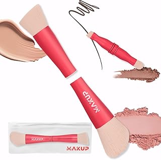 MAKUP JetSetter 4 in 1 Travel Makeup Brush - All in One Set includes Kabuki Liquid Foundation, Blush, Contour, Eyeshadow & Angeled Brush for Brow and Eyeliner. Luxurious, Ultra Soft, Vegan Bristles.