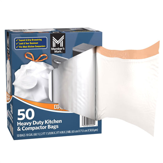 Member’s Mark Heavy‑Duty 18 Gallon Kitchen & Compactor Trash Bags – 2 Mil Thick, Leak & Tear Resistant, Drawstring Grip, 50‑Count Box