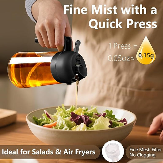 Olive Oil Sprayer for Cooking – 2-in-1 470ml Glass Oil Dispenser & Pour Bottle, Kitchen Gadget for Air Fryer, Salad, BBQ, and Everyday Cooking (Black)