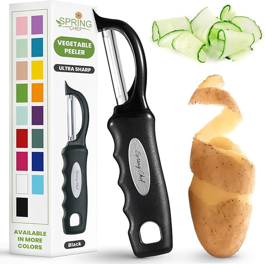 Spring Chef Premium Swivel Vegetable Peeler – Ultra Sharp Stainless Steel Blades with Soft Grip Handle, Perfect Kitchen Peeler for Potatoes, Carrots, Apples & Fruits (Black)