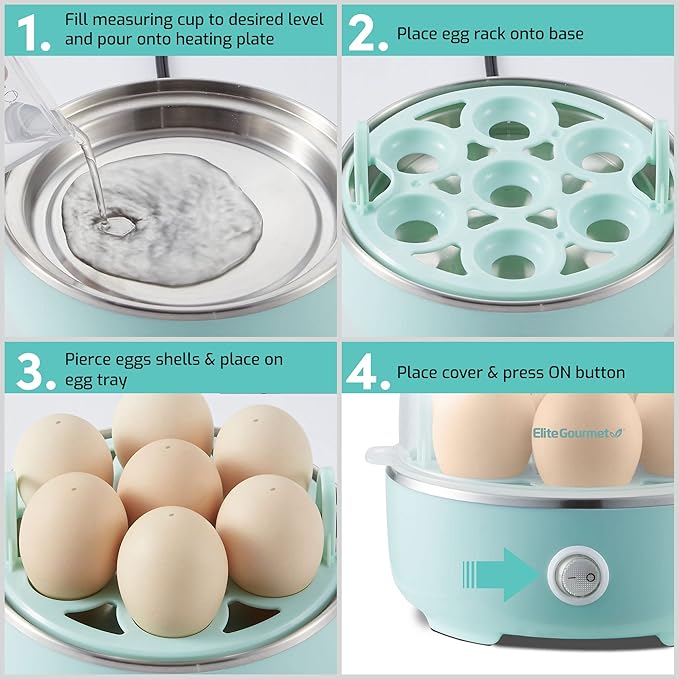 Elite Gourmet Easy Egg Cooker (EGC115M) – 7‑Egg Electric Cooker in Retro Mint with Auto Shut‑Off & Measuring Cup