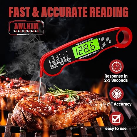 AWLKIM® Digital Meat Thermometer – Instant Read Waterproof Food Thermometer with Backlight & Hold Function, Red