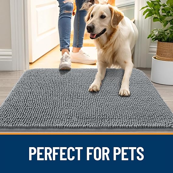 OLANLY Dog Door Mat for Muddy Paws 30x20 – Absorbent Chenille Mud Mat, Quick-Dry Washable Non-Slip Doormat for Dogs, Indoor Entryway Rug for Moisture & Dirt Capture (Grey)
