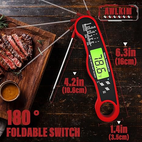 AWLKIM® Digital Meat Thermometer – Instant Read Waterproof Food Thermometer with Backlight & Hold Function, Red