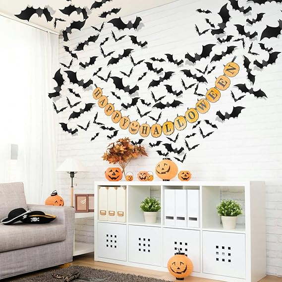 Piteno® 140-Piece Realistic 3D Bat Stickers – PVC Halloween Wall & Window Decals for Spooky DIY Decor