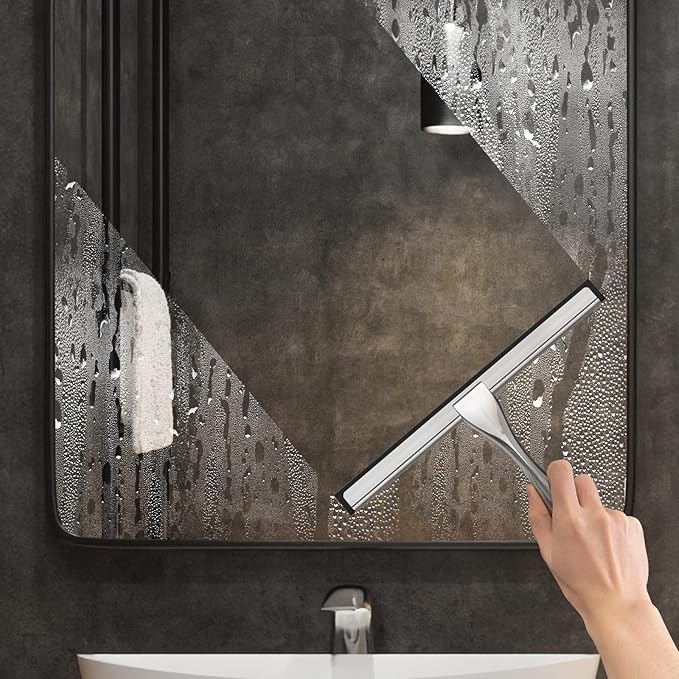 All-Purpose Stainless Steel Shower Squeegee – 10 Inch Bathroom & Window Glass Cleaner with 2 Adhesive Hooks, Silver Mirror & Tile Cleaning Tool for Shower Doors, Car & Household Surfaces