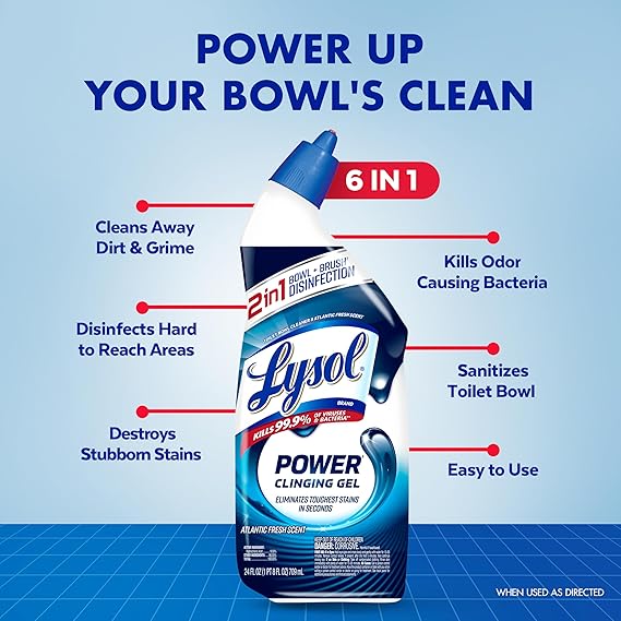 Lysol power clinging gel bottle with features listed on a blue background