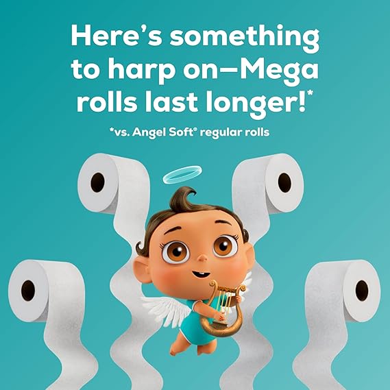 Angel Soft Toilet Paper, 16 Mega Rolls = 64 Regular Rolls – Soft & Strong 2-Ply Toilet Tissue for Everyday Comfort