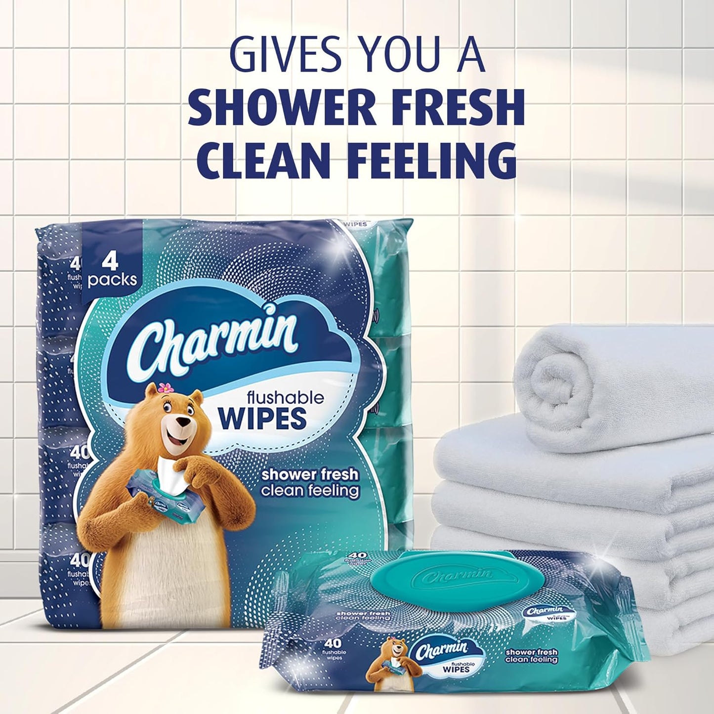 Charmin Flushable Wipes – 160 Total (4 Packs of 40) | Resealable, On-the-Go Wiper