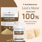 Real Mushrooms Lion's Mane supplement packaging with powder and capsules on a beige background
