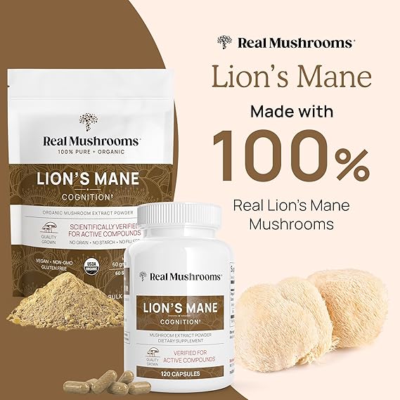 Real Mushrooms Lion's Mane supplement packaging with powder and capsules on a beige background