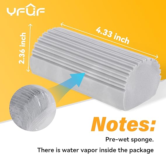 Gray pre-wet sponge with dimensions on a yellow background, featuring the YFUR logo.