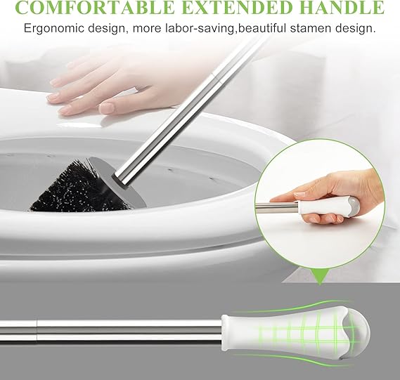 Compact Toilet Brush & Holder – Space-Saving Bathroom Cleaning Tool with Stainless Steel Handle, Drip-Proof Storage & Deep Cleaning Nylon Bristles (White & Grey)