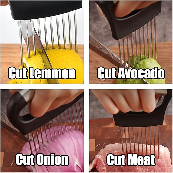 Multifunctional kitchen tool being used to cut lemon, avocado, onion, and meat.
