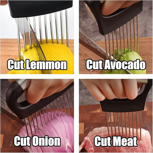 Multifunctional kitchen tool being used to cut lemon, avocado, onion, and meat.