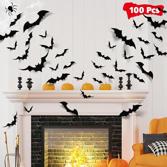 LUDILO 100-Piece 3D Bat Stickers – Halloween Wall & Window Decor, Indoor/Outdoor PVC Bat Decals