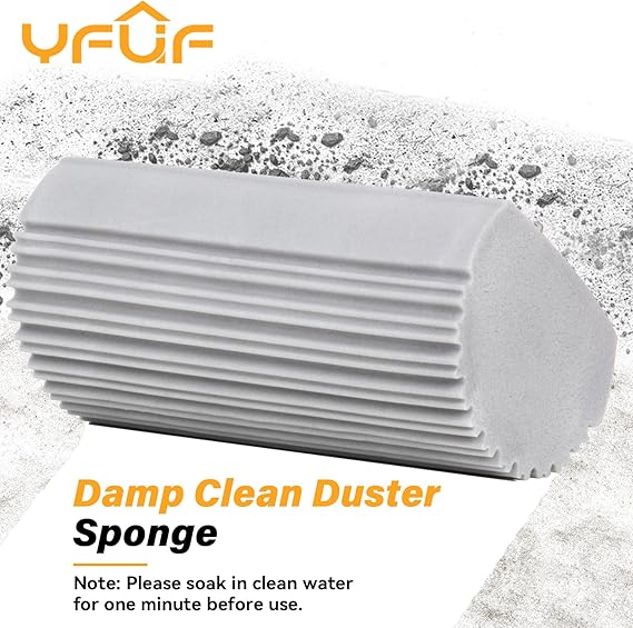 Gray damp clean duster sponge with YFUF branding on a textured background