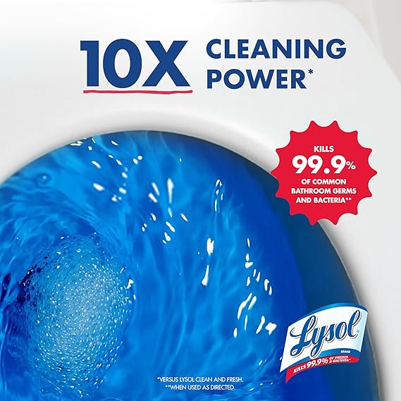 Lysol cleaning product with blue liquid and text highlighting cleaning power and germ-killing capabilities.
