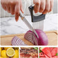 Person using a mandoline slicer to cut an onion on a wooden cutting board with additional images of sliced lemons, salmon, and watermelon.