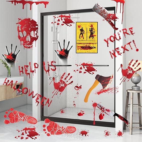 84-Pc Halloween Handprint & Footprint Stickers / Clings / Decals - Bloody Look for Windows, Walls, Floors, Bathroom & Doors