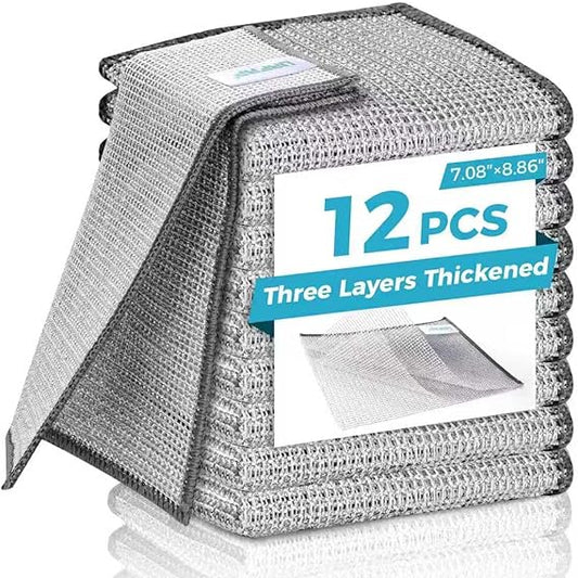Forggon 12 Pcs 3-Layer Metal Dish Cloth – No Scratch, No Odor Multipurpose Cleaning Rags