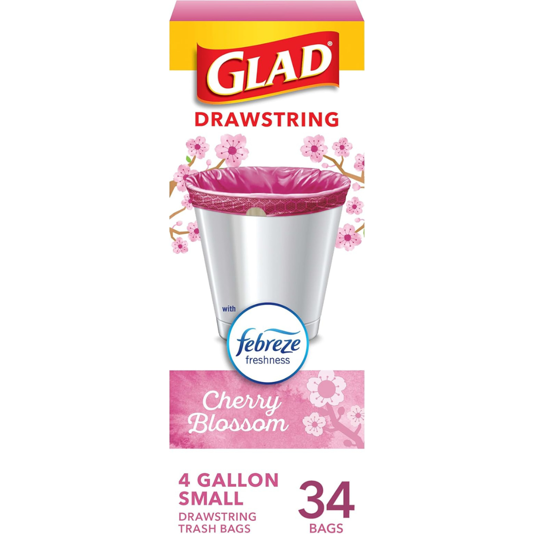 Glad OdorShield Drawstring Trash Bags – 4 Gallon, Febreze® Cherry Blossom, 34-Count | Odor-Resistant with Drawstring