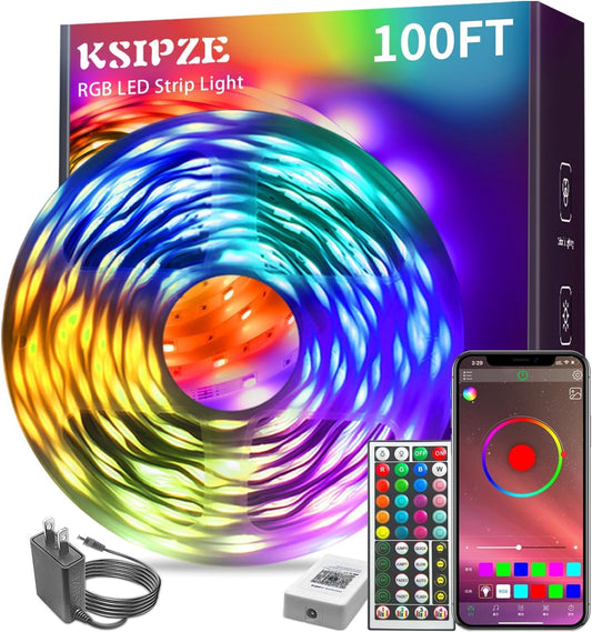 KSIPZE 100 ft RGB Bluetooth LED Strip Lights – Music-Sync Color-Changing Smart App Control for Bedroom, Party & Home Décor