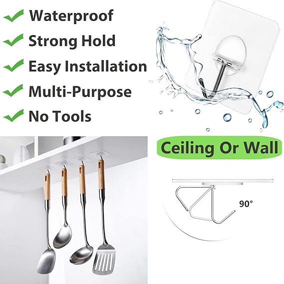 Product advertisement with text highlighting features like waterproof, strong hold, easy installation, multi-purpose, no tools required, and suitability for ceiling or wall mounting.