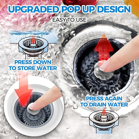 3-in-1 Stainless Steel Kitchen Sink Drain Strainer & Stopper With Anti-Clogging Basket | Fits US Standard 3½-Inch Drain Holes, Pop-Up Stopper & Drain Plug