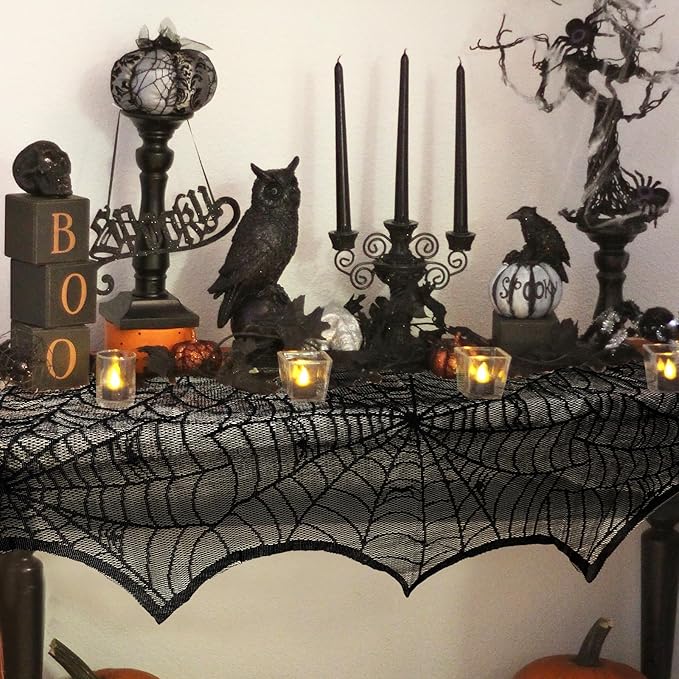 AerWo Halloween Fireplace Mantle Scarf – Black Lace Spiderweb, 18″ × 96″ | Gothic Chic Halloween Decor