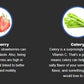 Two images of strawberries and celery with text about their health benefits on a black background.