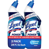 Two bottles of Lysol Power cleaner with blue and white design on a white background
