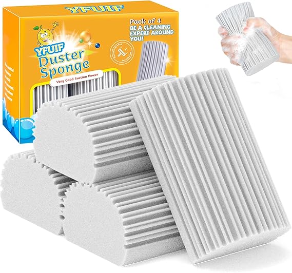 YFUIF duster sponge packaging with multiple sponges and a hand holding one.